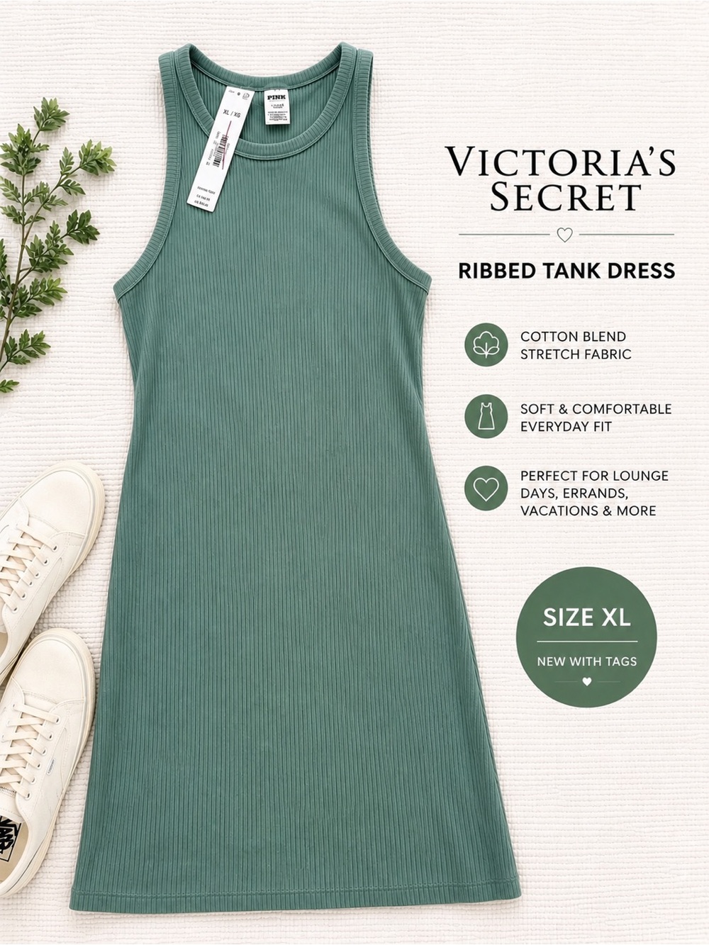 PINK Victoria’s Secret Ribbed Tank Dress Sage Green Cotton Stretch XL NWT